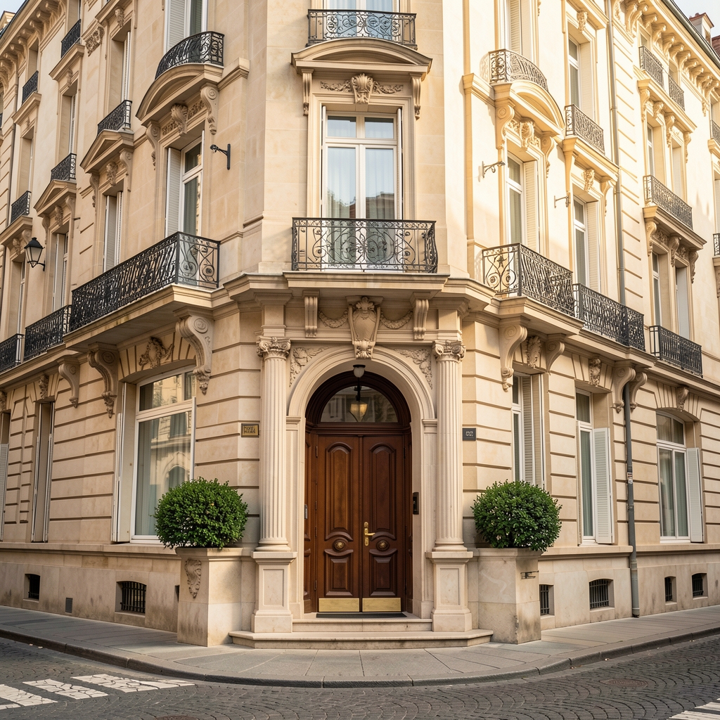 Façade élégante d'un immeuble bordelais avec carnet Brentova au premier plan