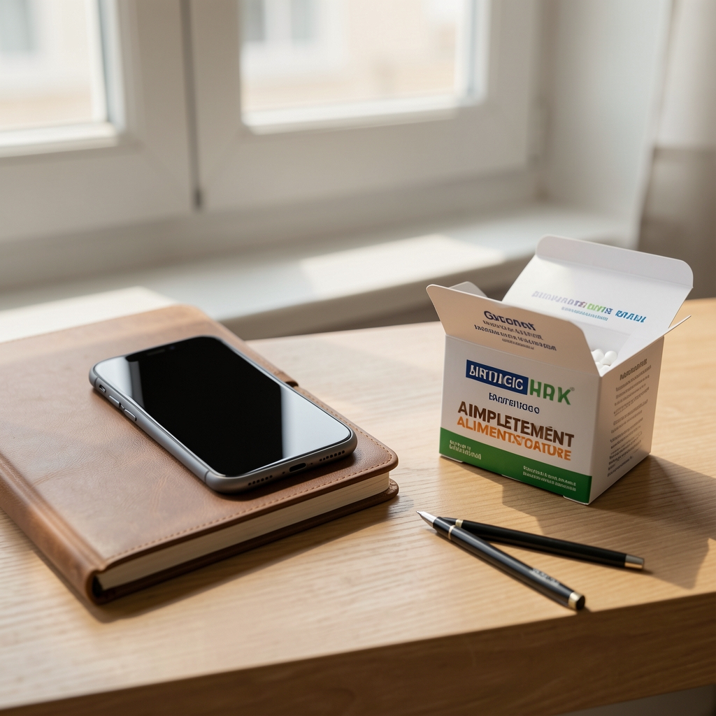 Bureau Brentova avec téléphone, carnet et boîte de complément alimentaire prêts pour un échange