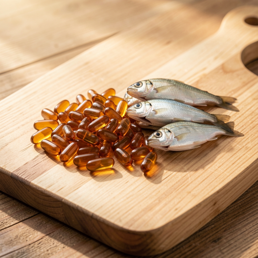 Gélules ambrées et petits poissons frais présentés sur une planche en bois lumineuse