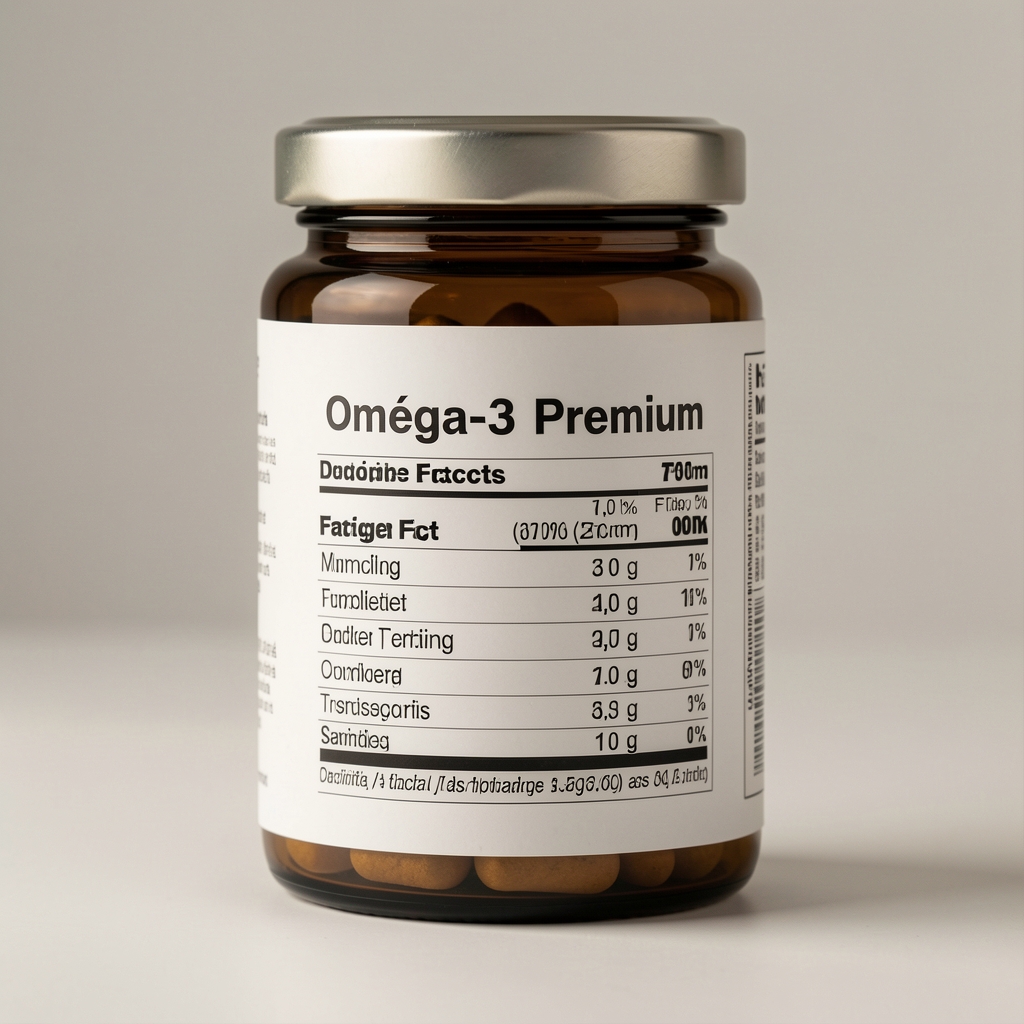 Étiquette détaillée Oméga-3 Premium avec tableau de dosage lisible sous une lumière douce
