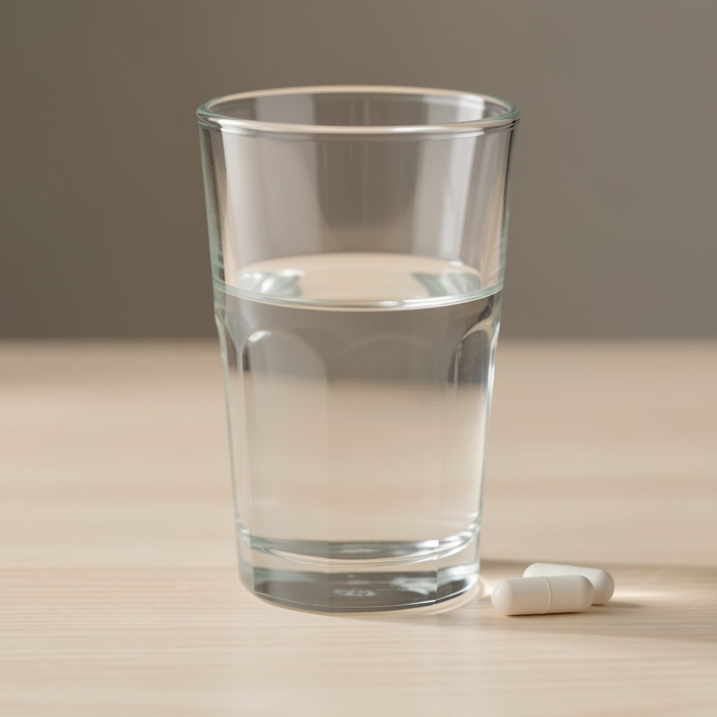Gélule et verre d'eau près d'un petit déjeuner lumineux dans une routine matinale française