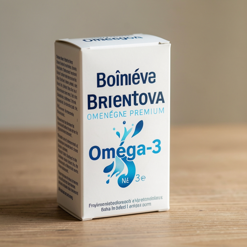 Boîte Brentova Oméga-3 Premium posée près d'un carnet et d'une tasse sur une table claire